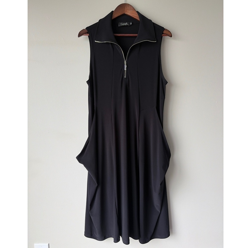Sympli Womens Black Quarter Zip Sleeveless Pocket Draped Jersey Dress Size 14